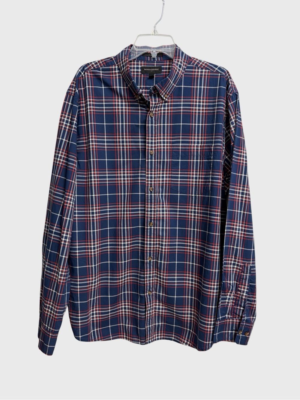 Banana Republic Untucked Fit Plaid Button-Down Shirt XXL Navy Red White Preppy